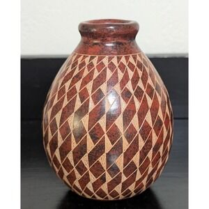 Leandro Lopez Signed‎ Pottery Handmade Brown Glazed Etched Geometric Bud Vase